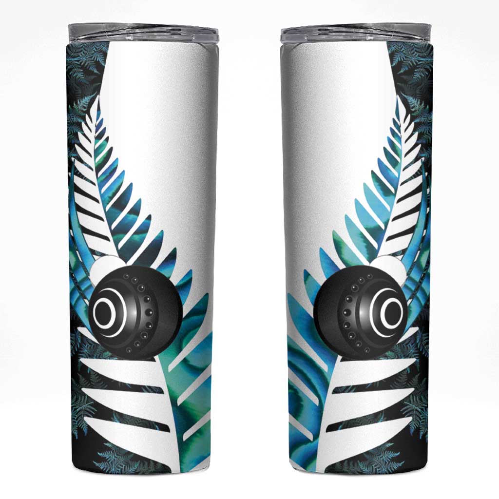 New Zealand Lawn Bowls Custom Skinny Tumbler Aotearoa Silver Fern Paua Shell LT14 Black - Polynesian Pride