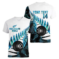 New Zealand Lawn Bowls Custom Women V-Neck T-Shirt Aotearoa Silver Fern Paua Shell LT14 - Polynesian Pride