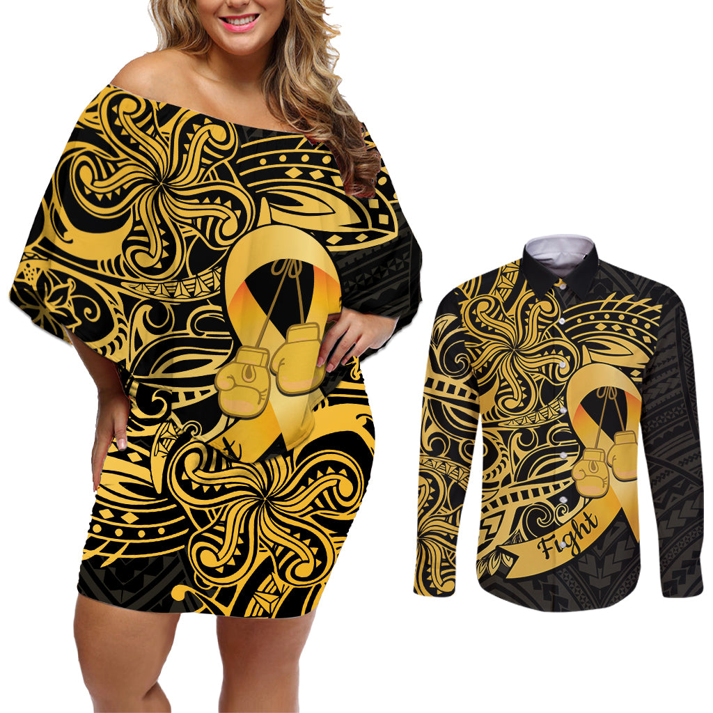 Polynesia Bone Cancer Awareness Couples Matching Off Shoulder Short Dress and Long Sleeve Button Shirt Fight Warriors