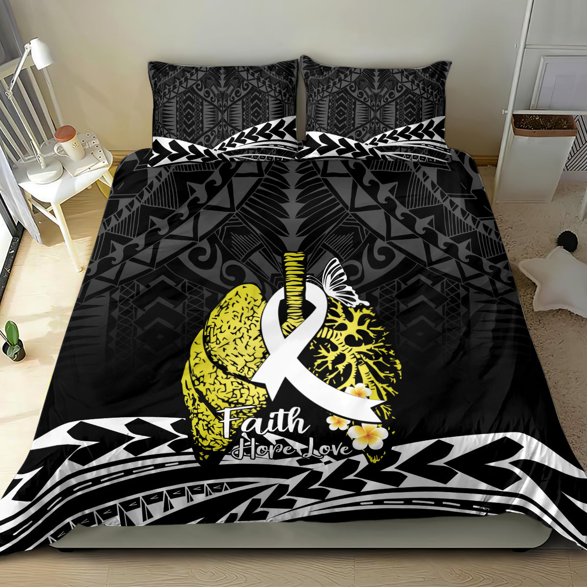 Polynesia World Lung Cancer Day Bedding Set Faith Hope Love