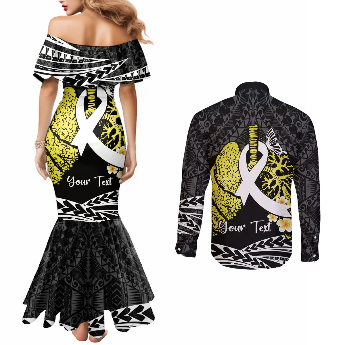Personalised Polynesia World Lung Cancer Day Couples Matching Mermaid Dress and Long Sleeve Button Shirt Faith Hope Love