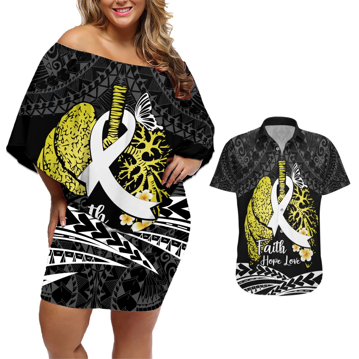 Personalised Polynesia World Lung Cancer Day Couples Matching Off Shoulder Short Dress and Hawaiian Shirt Faith Hope Love