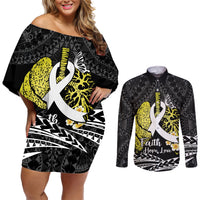 Personalised Polynesia World Lung Cancer Day Couples Matching Off Shoulder Short Dress and Long Sleeve Button Shirt Faith Hope Love