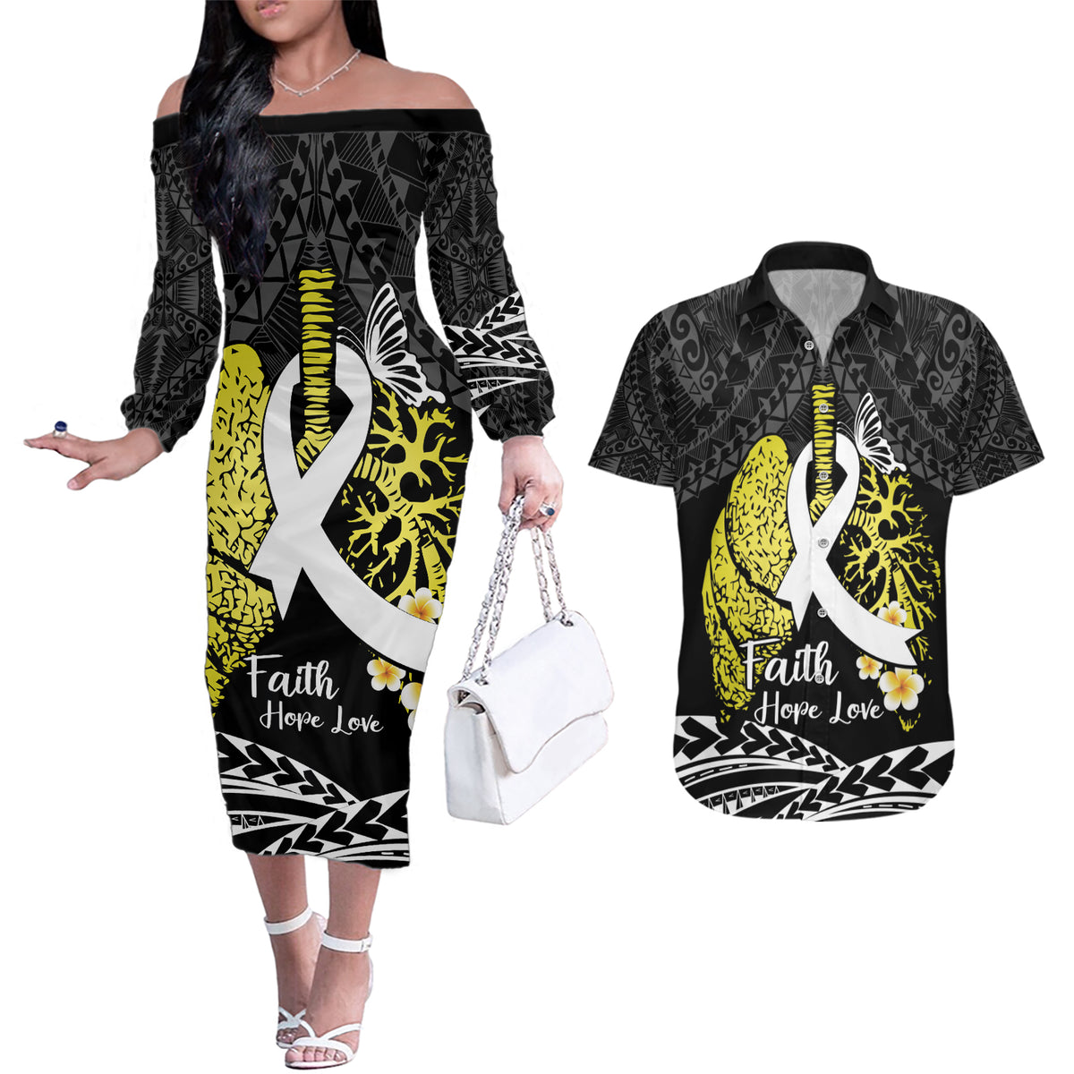 Personalised Polynesia World Lung Cancer Day Couples Matching Off The Shoulder Long Sleeve Dress and Hawaiian Shirt Faith Hope Love