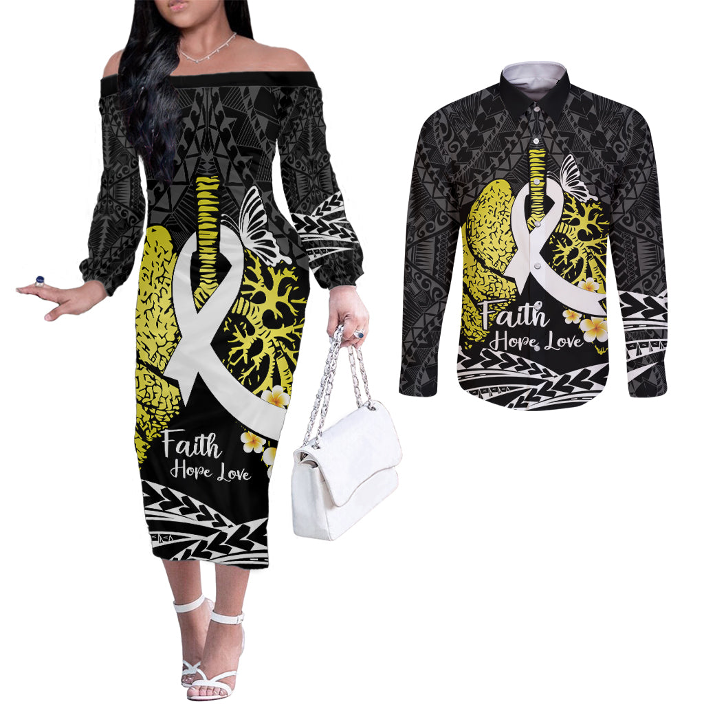 Personalised Polynesia World Lung Cancer Day Couples Matching Off The Shoulder Long Sleeve Dress and Long Sleeve Button Shirt Faith Hope Love