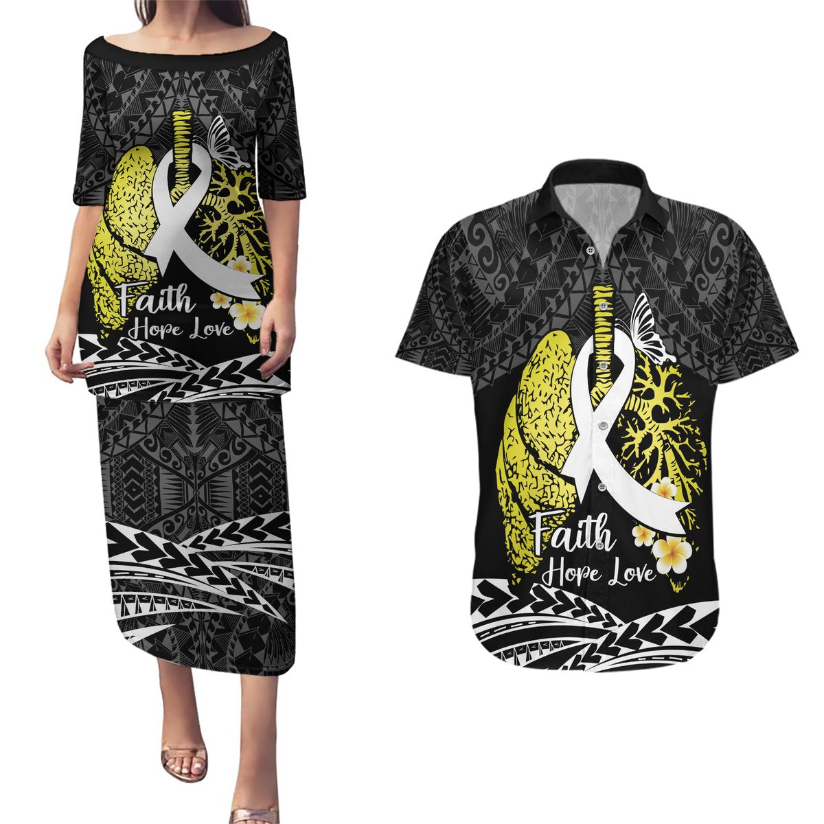 Personalised Polynesia World Lung Cancer Day Couples Matching Puletasi and Hawaiian Shirt Faith Hope Love LT14 Black - Polynesian Pride