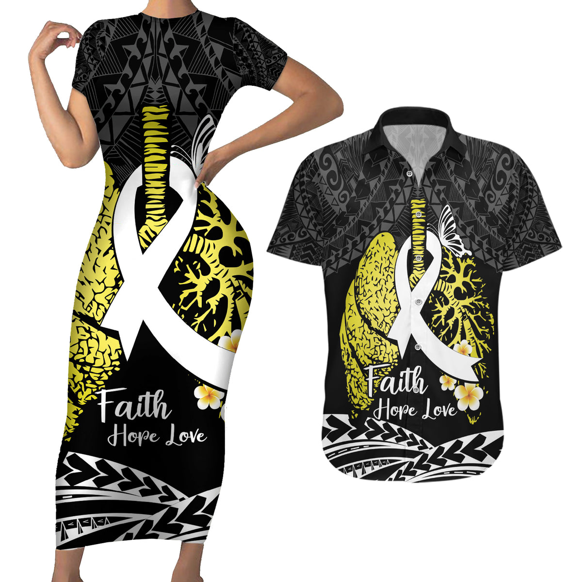 Personalised Polynesia World Lung Cancer Day Couples Matching Short Sleeve Bodycon Dress and Hawaiian Shirt Faith Hope Love LT14 Black - Polynesian Pride