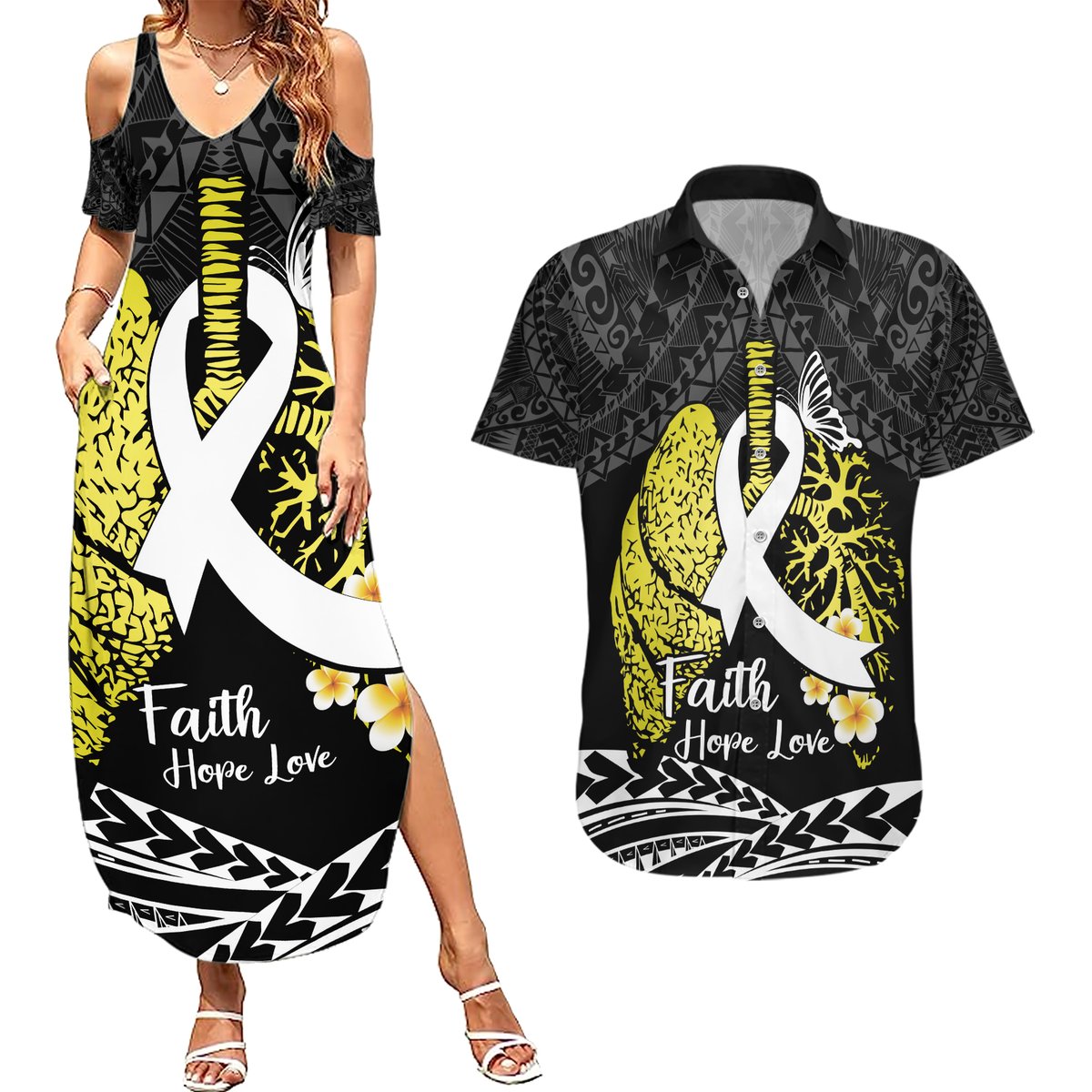 Personalised Polynesia World Lung Cancer Day Couples Matching Summer Maxi Dress and Hawaiian Shirt Faith Hope Love