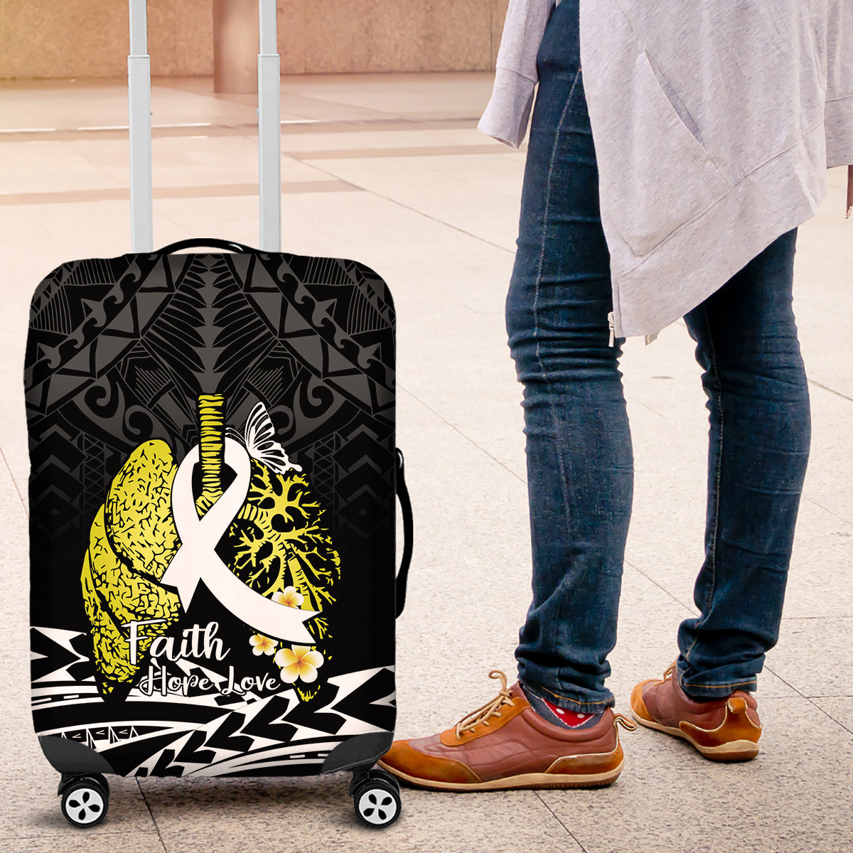 Polynesia World Lung Cancer Day Luggage Cover Faith Hope Love LT14 Black - Polynesian Pride