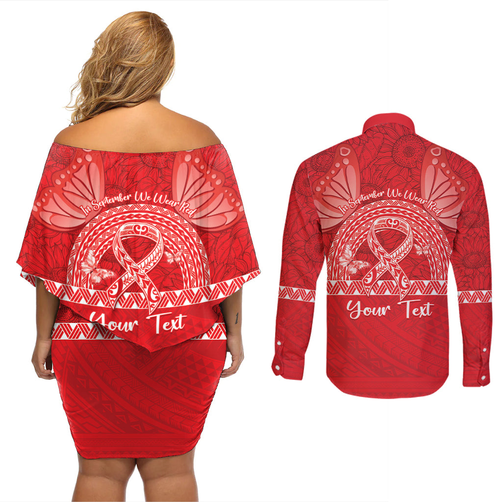 Personalised In September We Wear Red Couples Matching Off Shoulder Short Dress and Long Sleeve Button Shirt Polynesia Blood Cancer Awareness