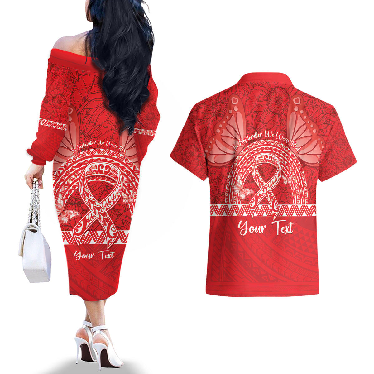Personalised In September We Wear Red Couples Matching Off The Shoulder Long Sleeve Dress and Hawaiian Shirt Polynesia Blood Cancer Awareness