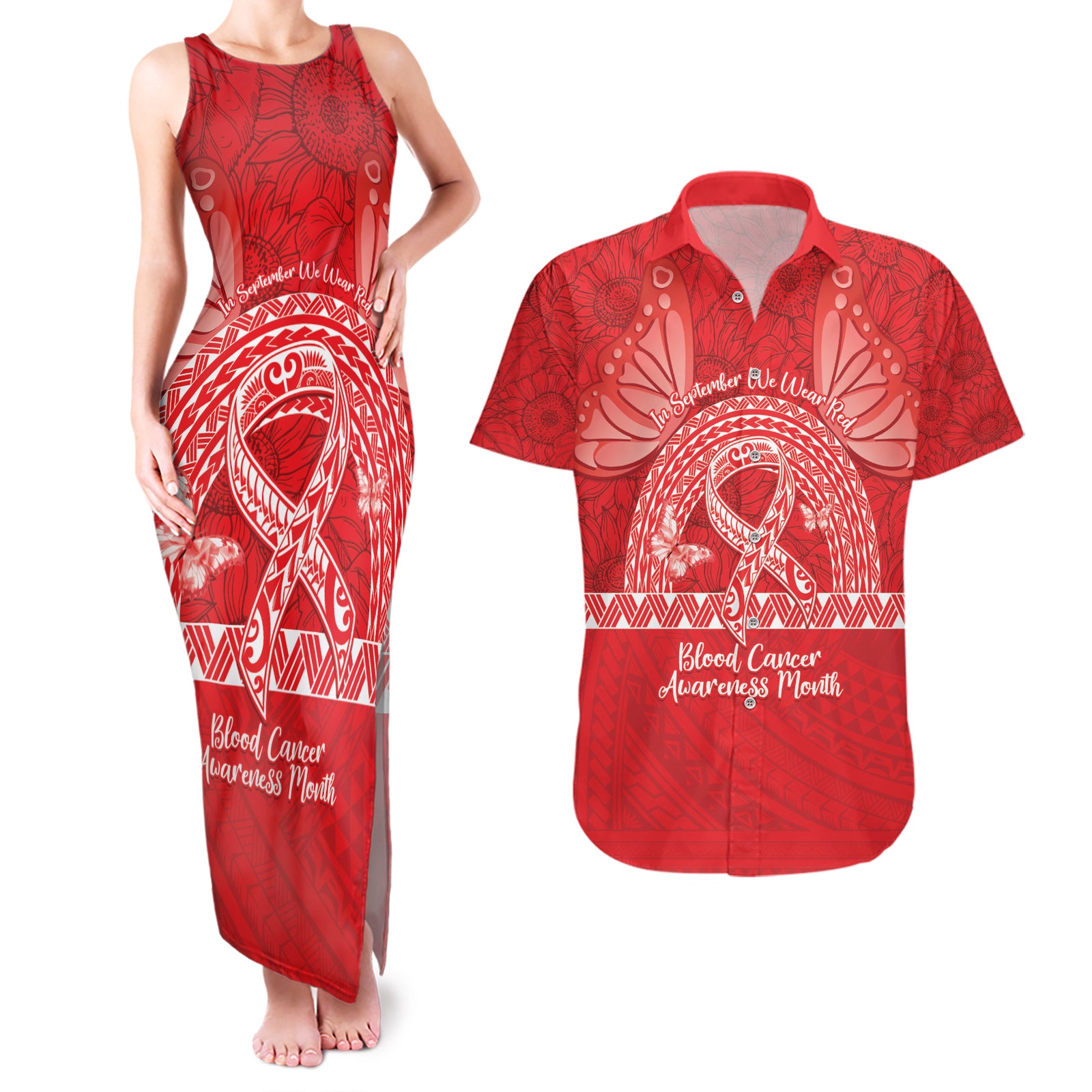 Personalised In September We Wear Red Couples Matching Tank Maxi Dress and Hawaiian Shirt Polynesia Blood Cancer Awareness