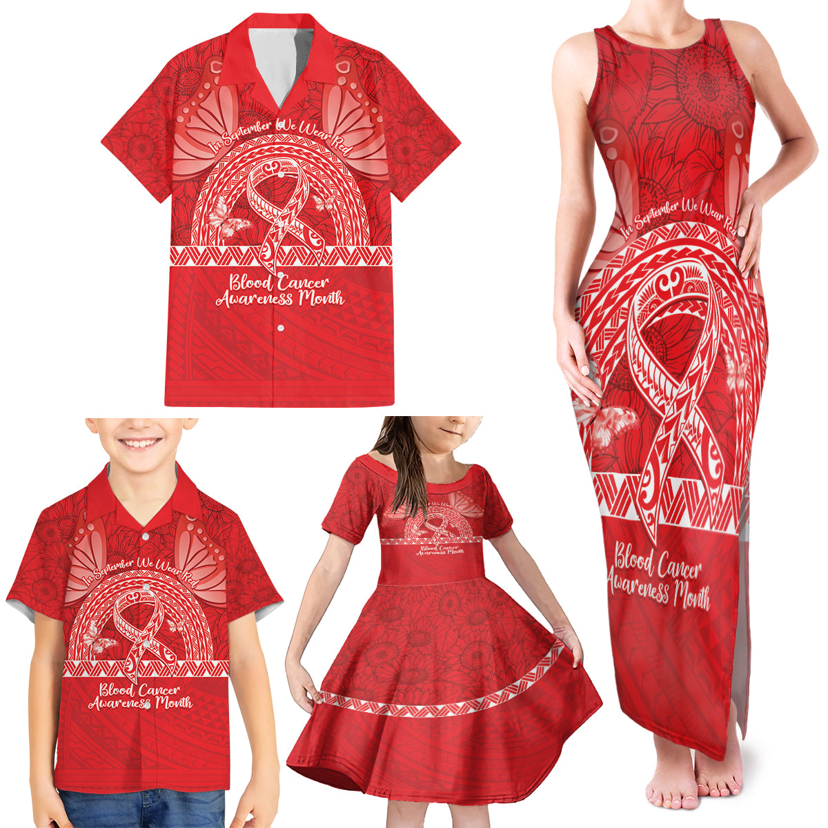 Personalised In September We Wear Red Family Matching Tank Maxi Dress and Hawaiian Shirt Polynesia Blood Cancer Awareness