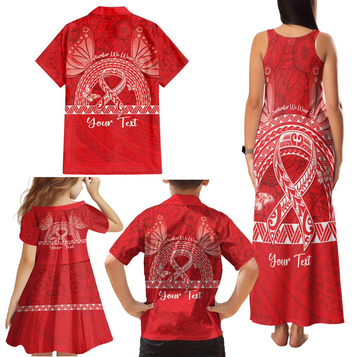 Personalised In September We Wear Red Family Matching Tank Maxi Dress and Hawaiian Shirt Polynesia Blood Cancer Awareness