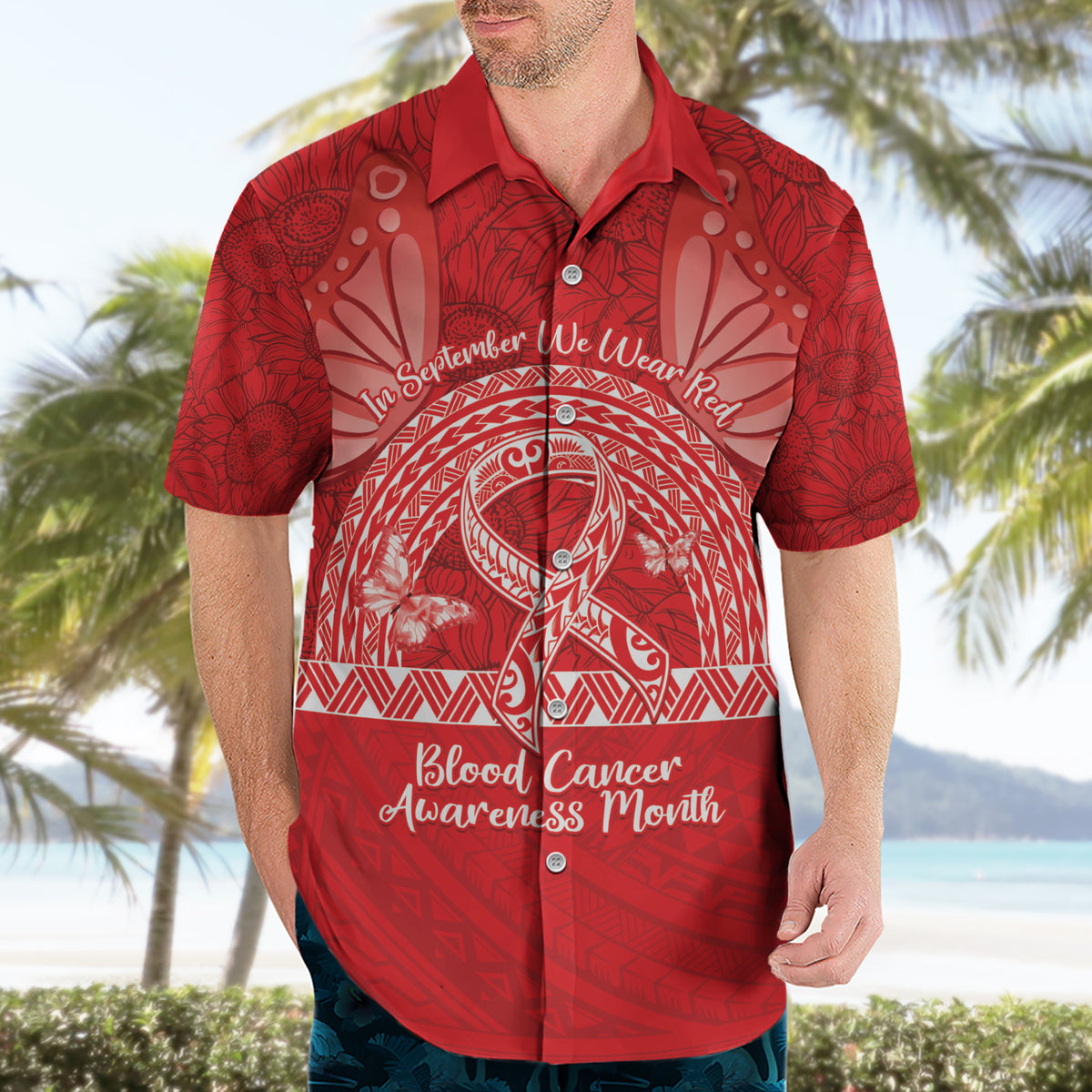 Personalised In September We Wear Red Hawaiian Shirt Polynesia Blood Cancer Awareness