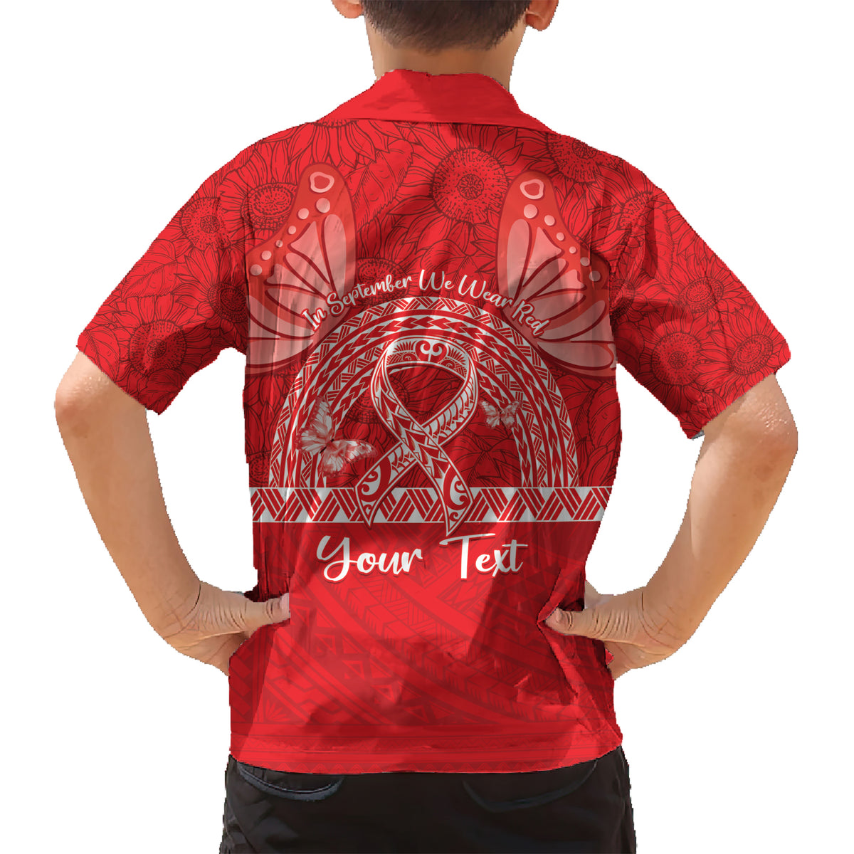 Personalised In September We Wear Red Kid Hawaiian Shirt Polynesia Blood Cancer Awareness