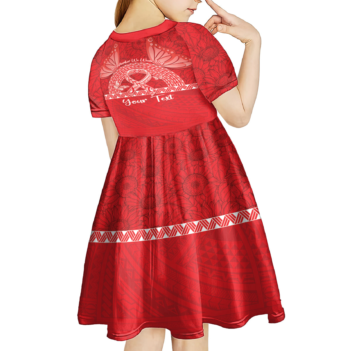Personalised In September We Wear Red Kid Short Sleeve Dress Polynesia Blood Cancer Awareness
