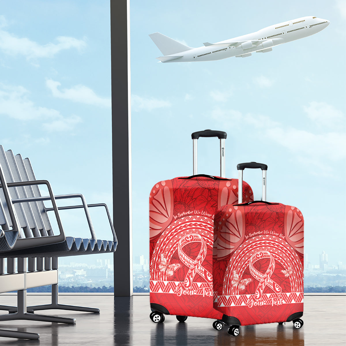 Personalised In September We Wear Red Luggage Cover Polynesia Blood Cancer Awareness