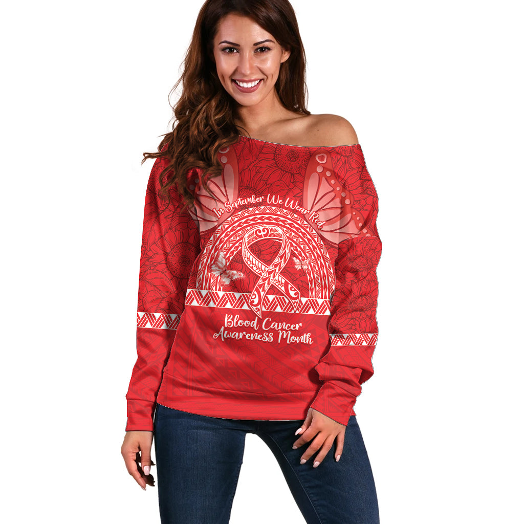 Personalised In September We Wear Red Off Shoulder Sweater Polynesia Blood Cancer Awareness