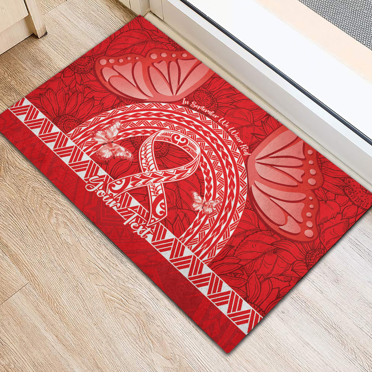 Personalised In September We Wear Red Rubber Doormat Polynesia Blood Cancer Awareness