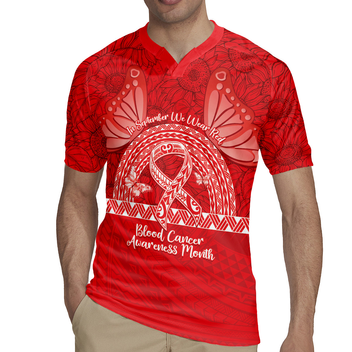Personalised In September We Wear Red Rugby Jersey Polynesia Blood Cancer Awareness