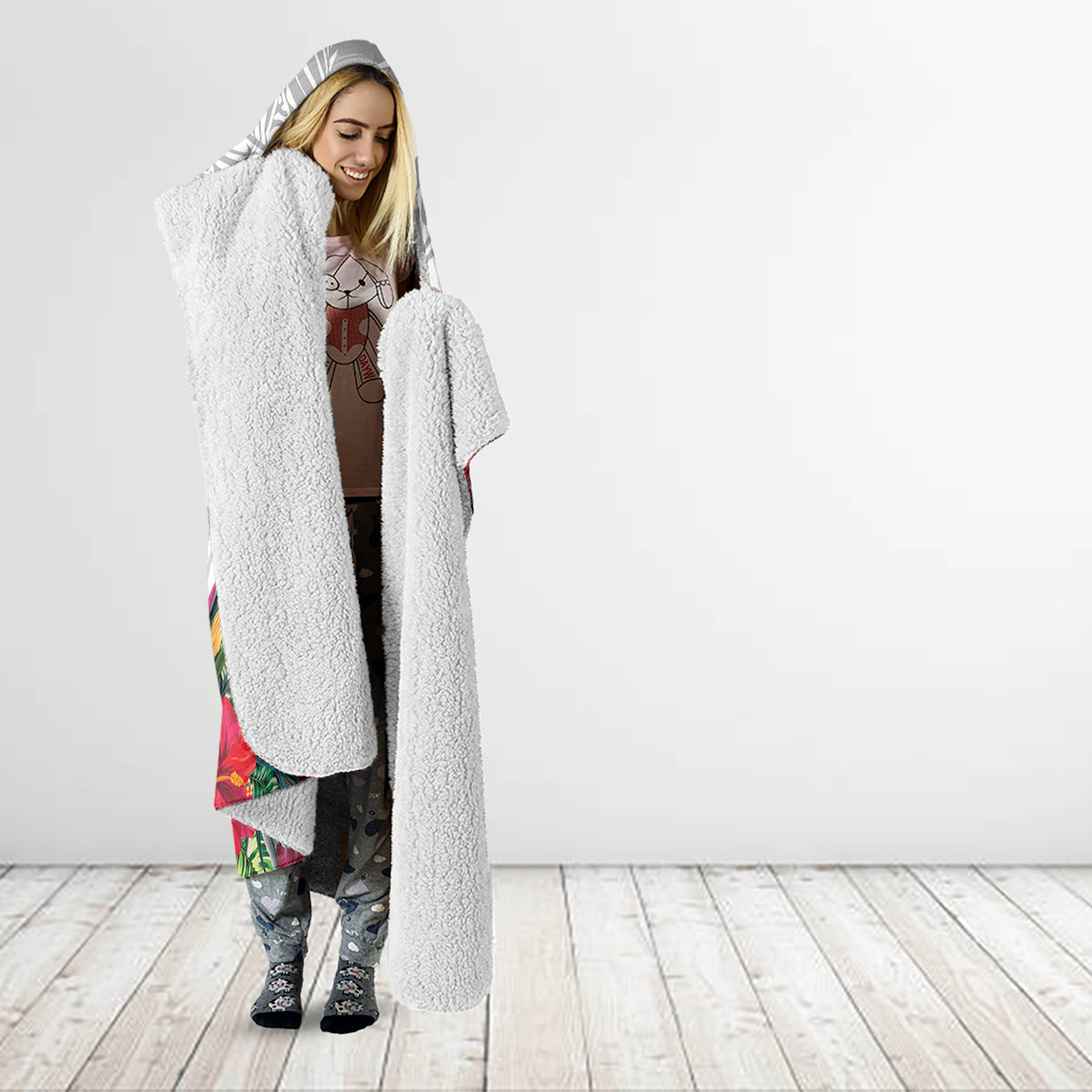 Kiribati Independence Day Hooded Blanket Frigatebird Mix Tropical Flowers - White Style