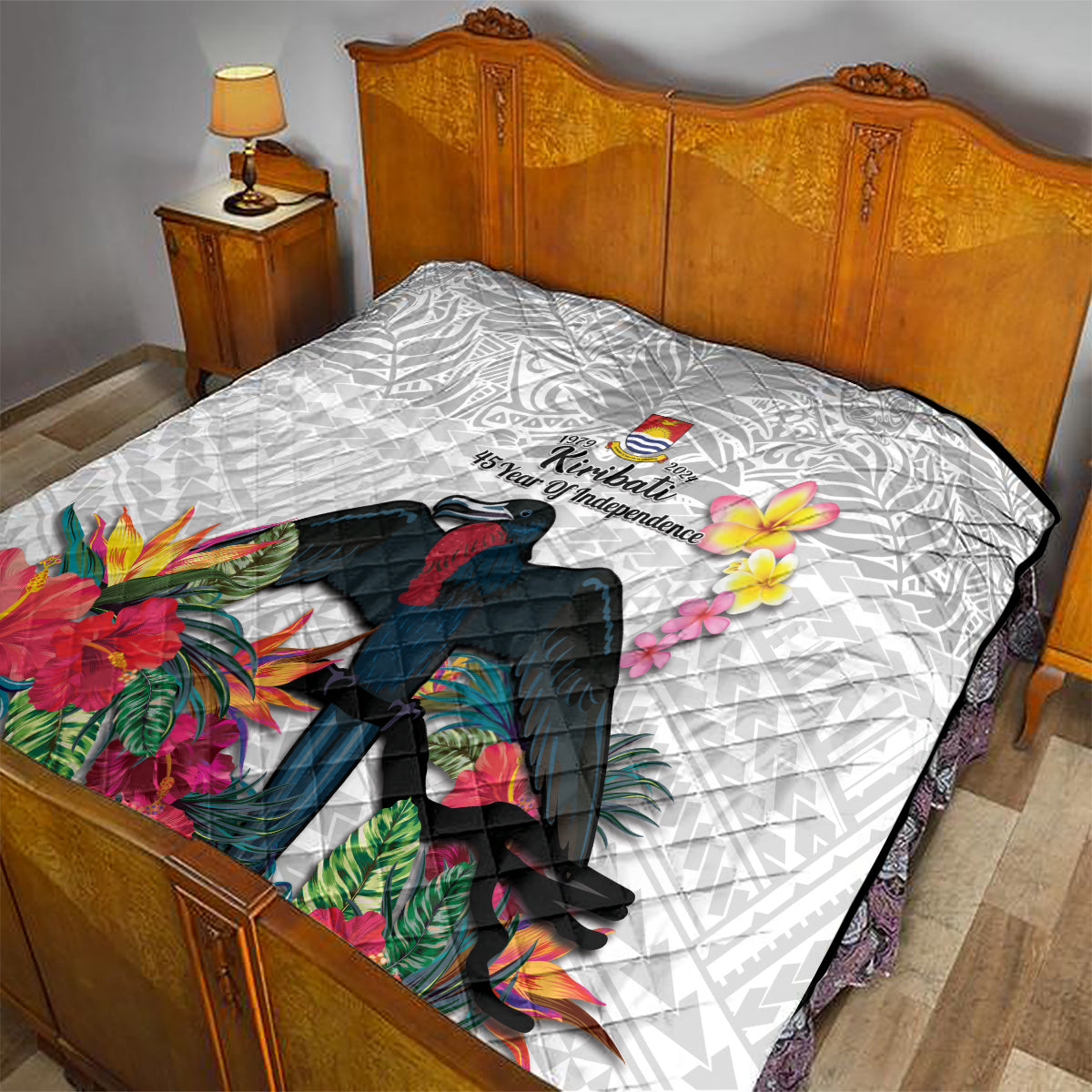Kiribati Independence Day Quilt Frigatebird Mix Tropical Flowers - White Style