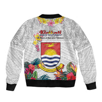 Kiribati Independence Day Sleeve Zip Bomber Jacket Frigatebird Mix Tropical Flowers - White Style