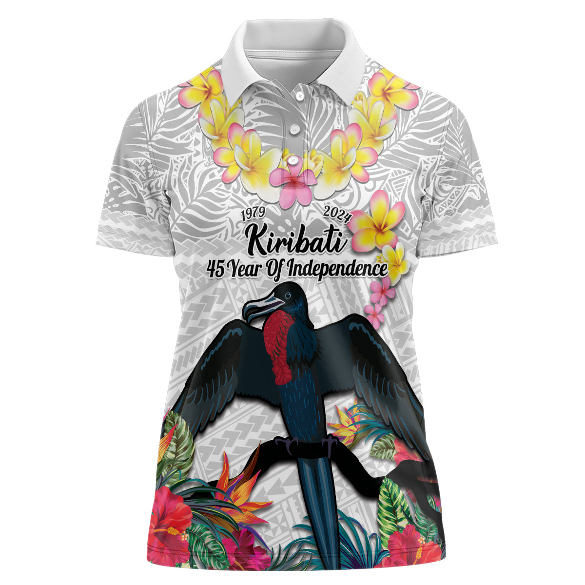 Kiribati Independence Day Women Polo Shirt Frigatebird Mix Tropical Flowers - White Style