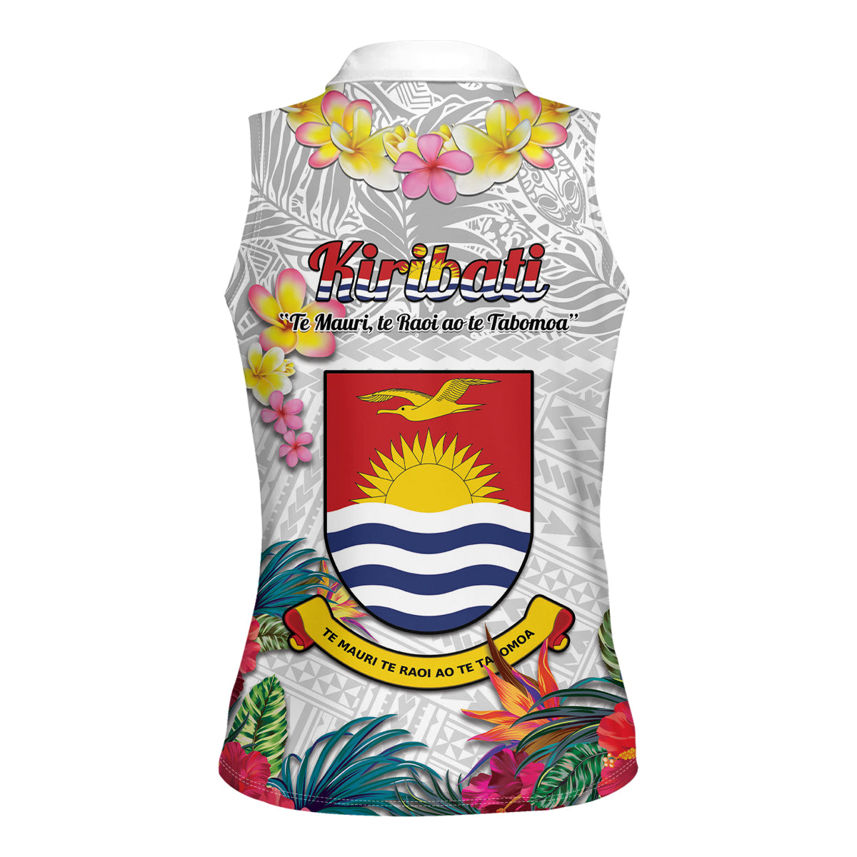 Kiribati Independence Day Women Sleeveless Polo Shirt Frigatebird Mix Tropical Flowers - White Style