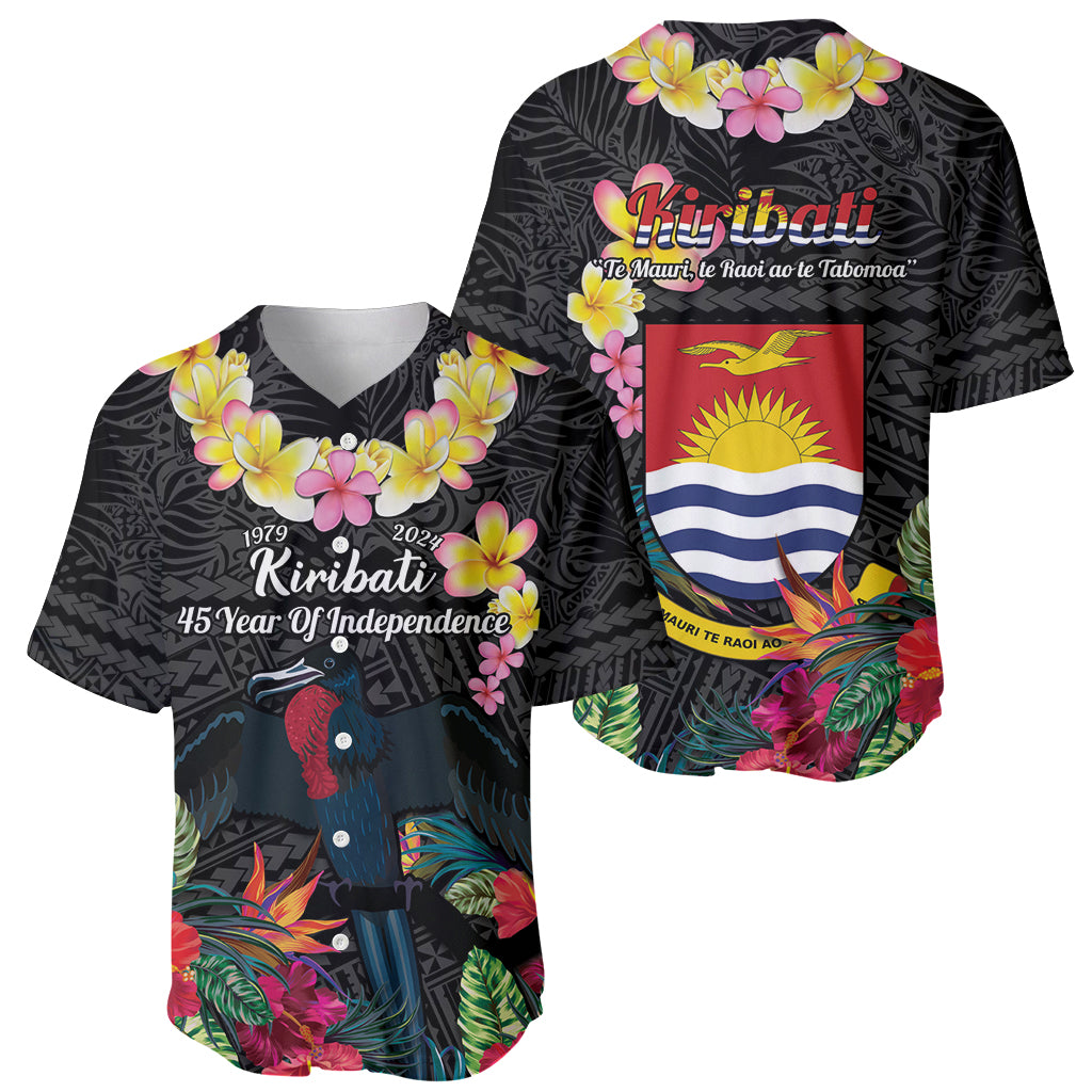 Kiribati Independence Day Baseball Jersey Frigatebird Mix Tropical Flowers - Black Style