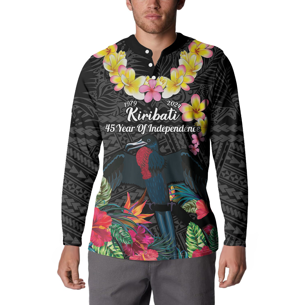 Kiribati Independence Day Button Sweatshirt Frigatebird Mix Tropical Flowers - Black Style