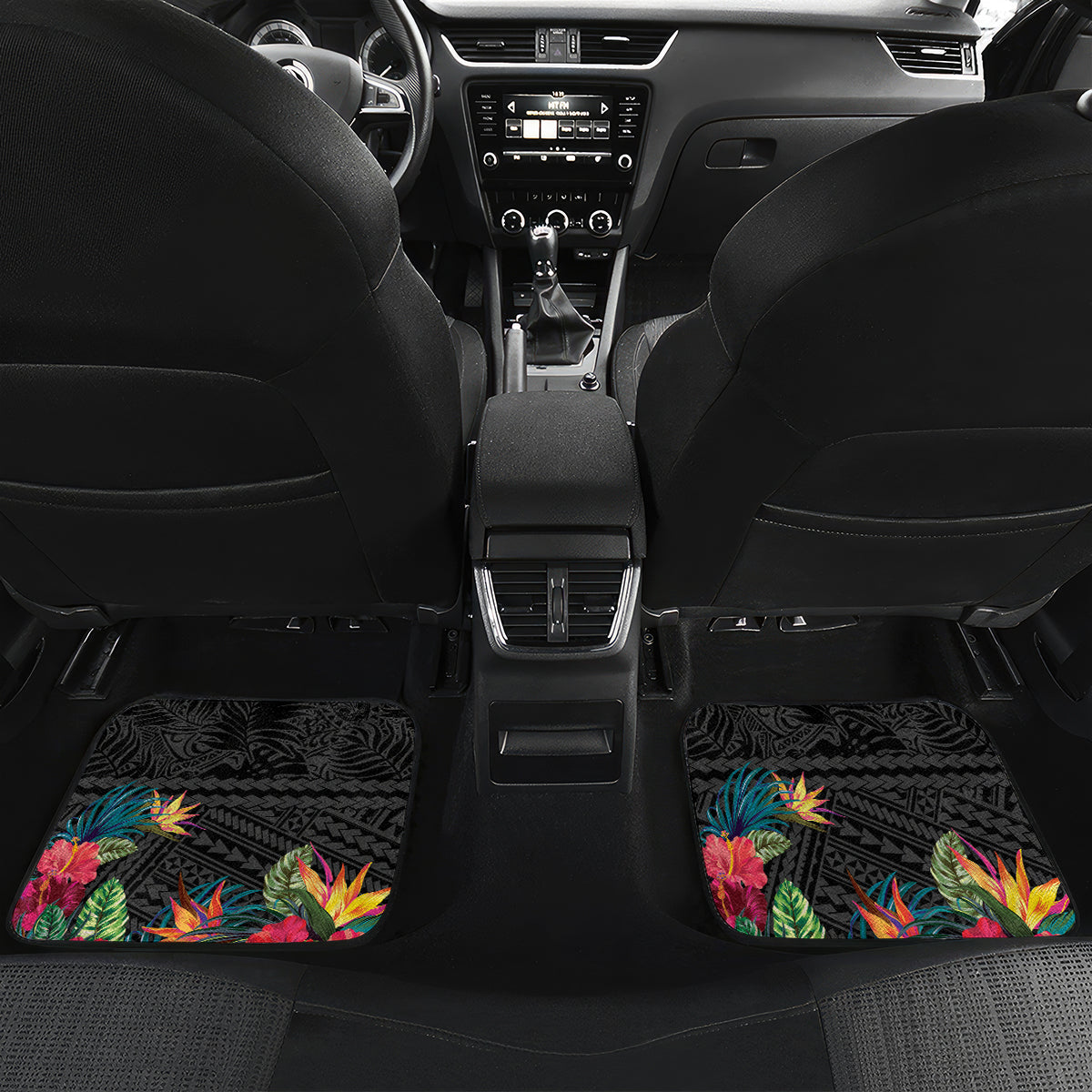 Kiribati Independence Day Car Mats Frigatebird Mix Tropical Flowers - Black Style