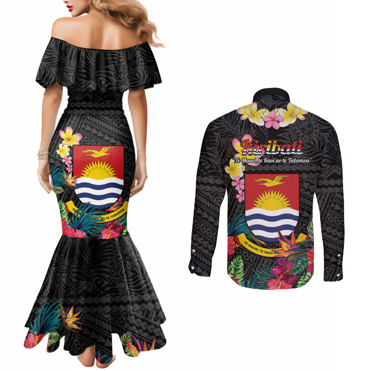 Kiribati Independence Day Couples Matching Mermaid Dress and Long Sleeve Button Shirt Frigatebird Mix Tropical Flowers - Black Style