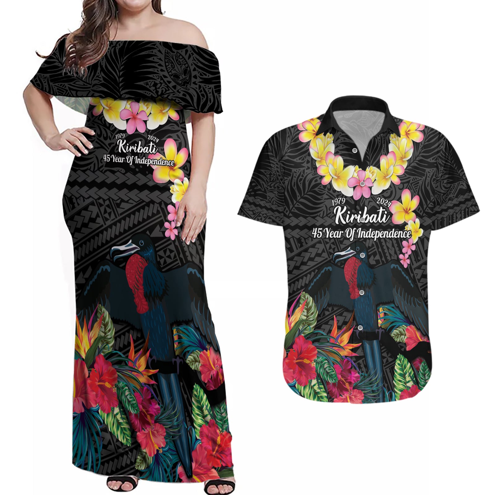 Kiribati Independence Day Couples Matching Off Shoulder Maxi Dress and Hawaiian Shirt Frigatebird Mix Tropical Flowers - Black Style