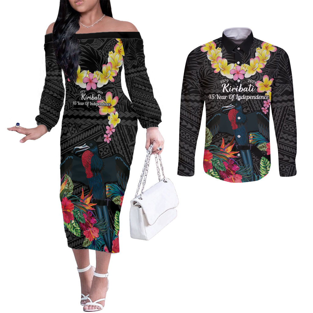 Kiribati Independence Day Couples Matching Off The Shoulder Long Sleeve Dress and Long Sleeve Button Shirt Frigatebird Mix Tropical Flowers - Black Style