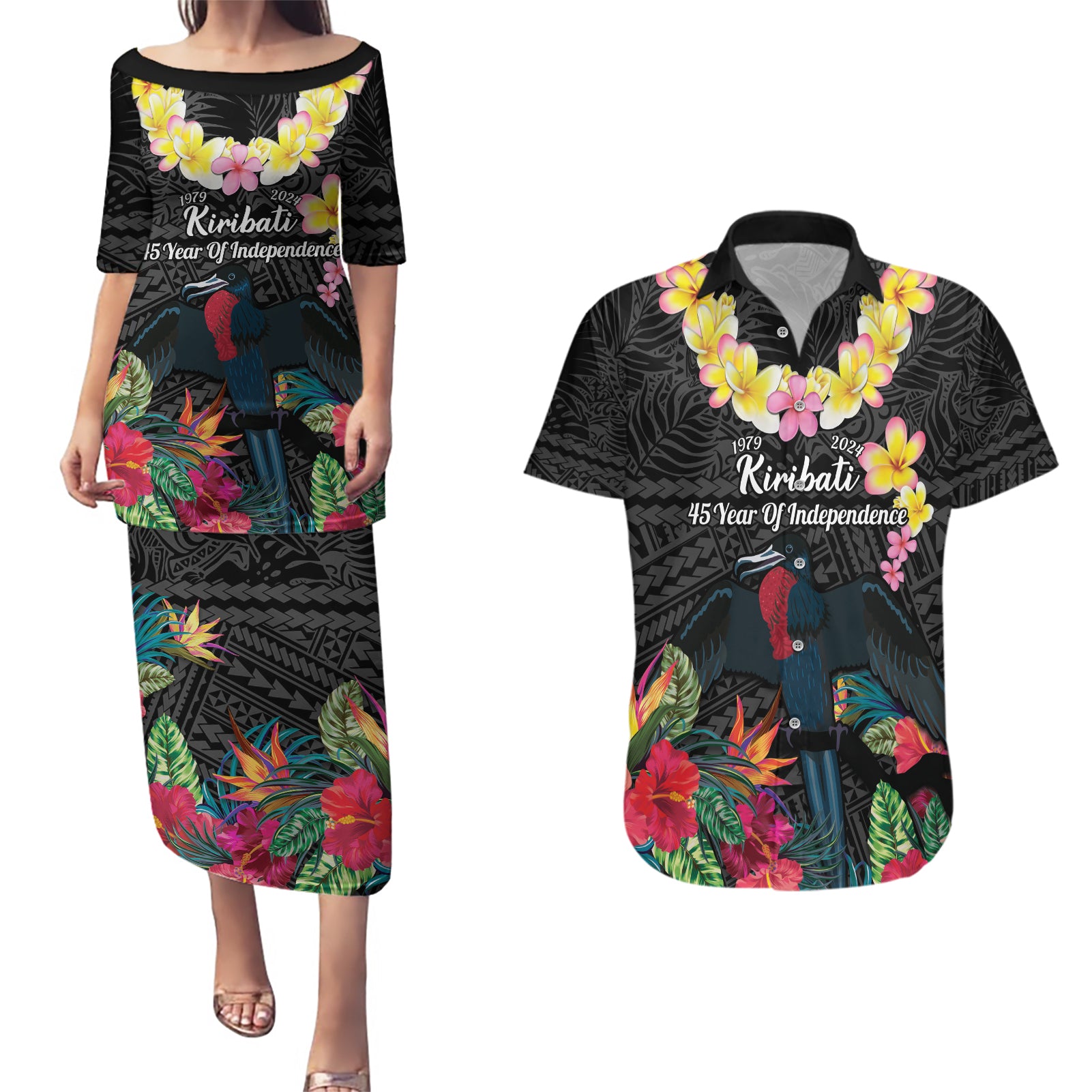 Kiribati Independence Day Couples Matching Puletasi and Hawaiian Shirt Frigatebird Mix Tropical Flowers - Black Style