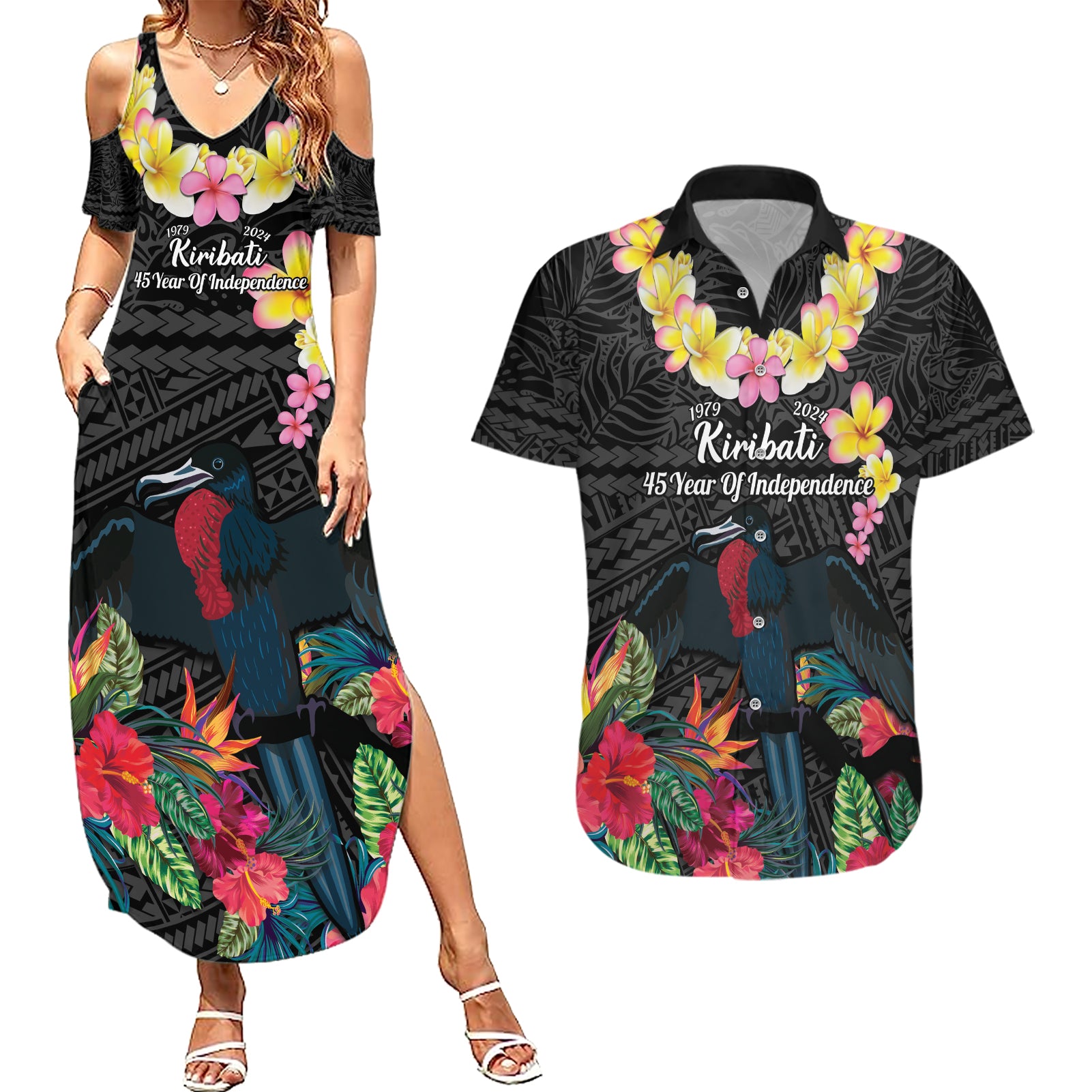 Kiribati Independence Day Couples Matching Summer Maxi Dress and Hawaiian Shirt Frigatebird Mix Tropical Flowers - Black Style