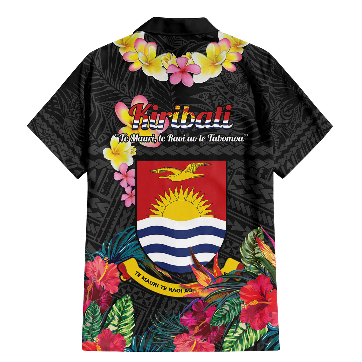 Kiribati Independence Day Family Matching Mermaid Dress and Hawaiian Shirt Frigatebird Mix Tropical Flowers - Black Style