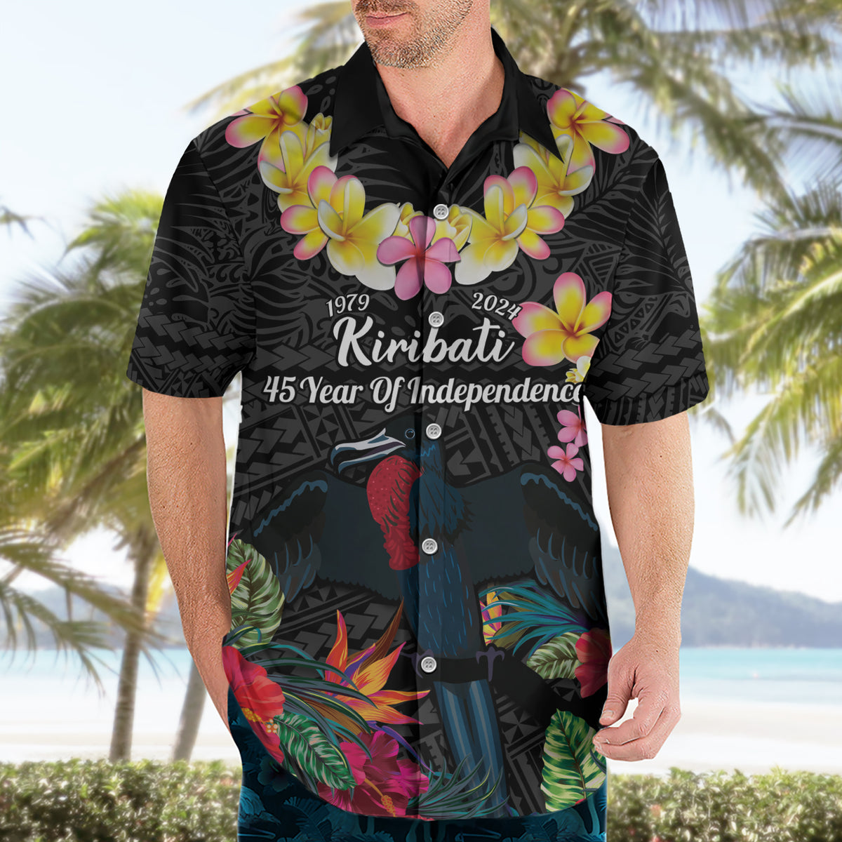 Kiribati Independence Day Hawaiian Shirt Frigatebird Mix Tropical Flowers - Black Style
