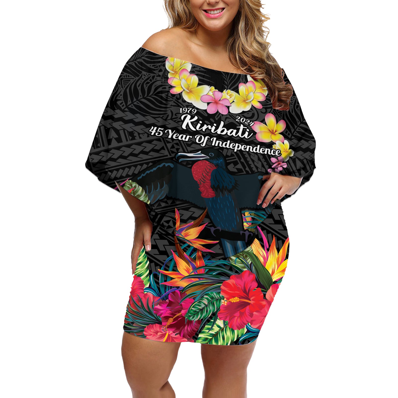 Kiribati Independence Day Off Shoulder Short Dress Frigatebird Mix Tropical Flowers - Black Style