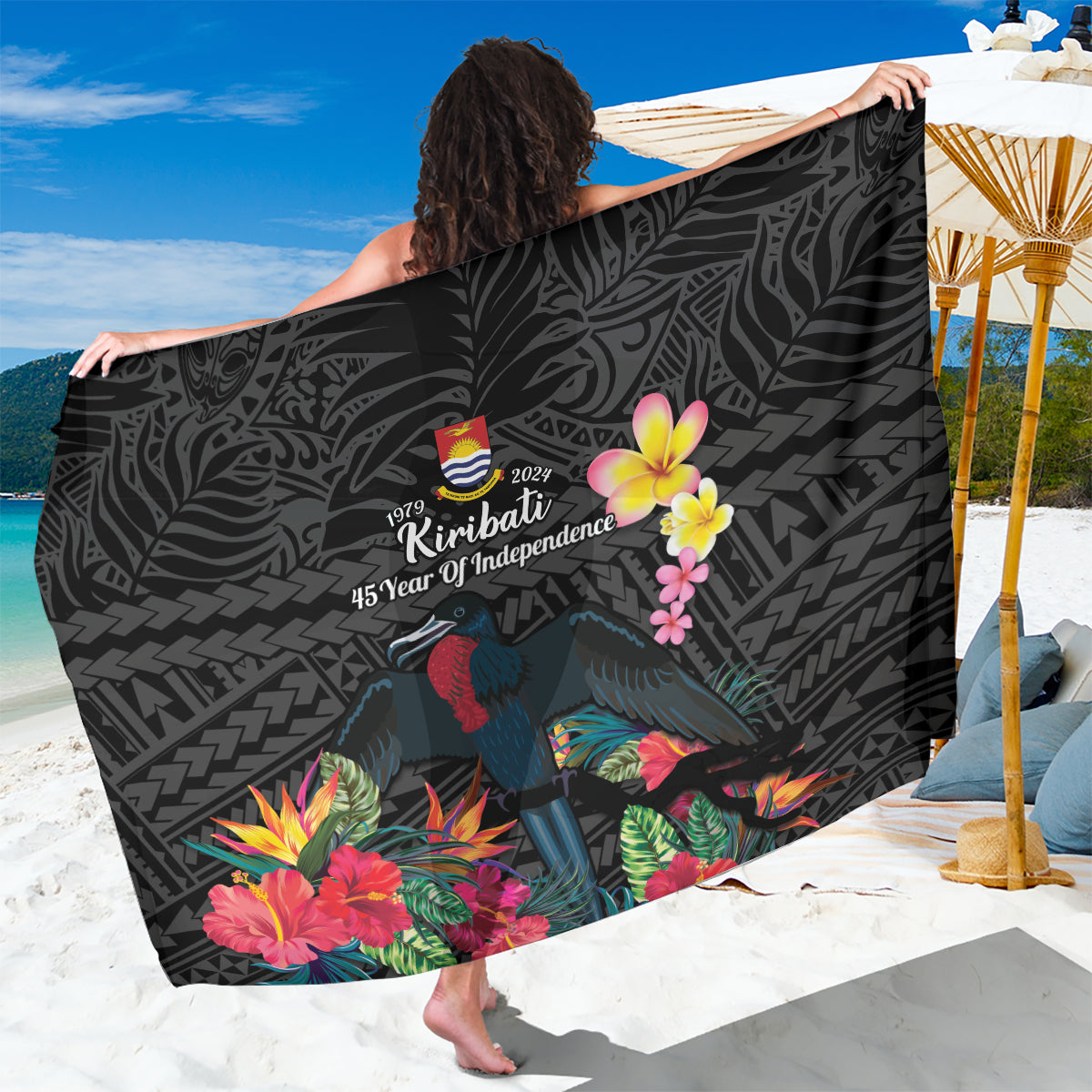 Kiribati Independence Day Sarong Frigatebird Mix Tropical Flowers - Black Style