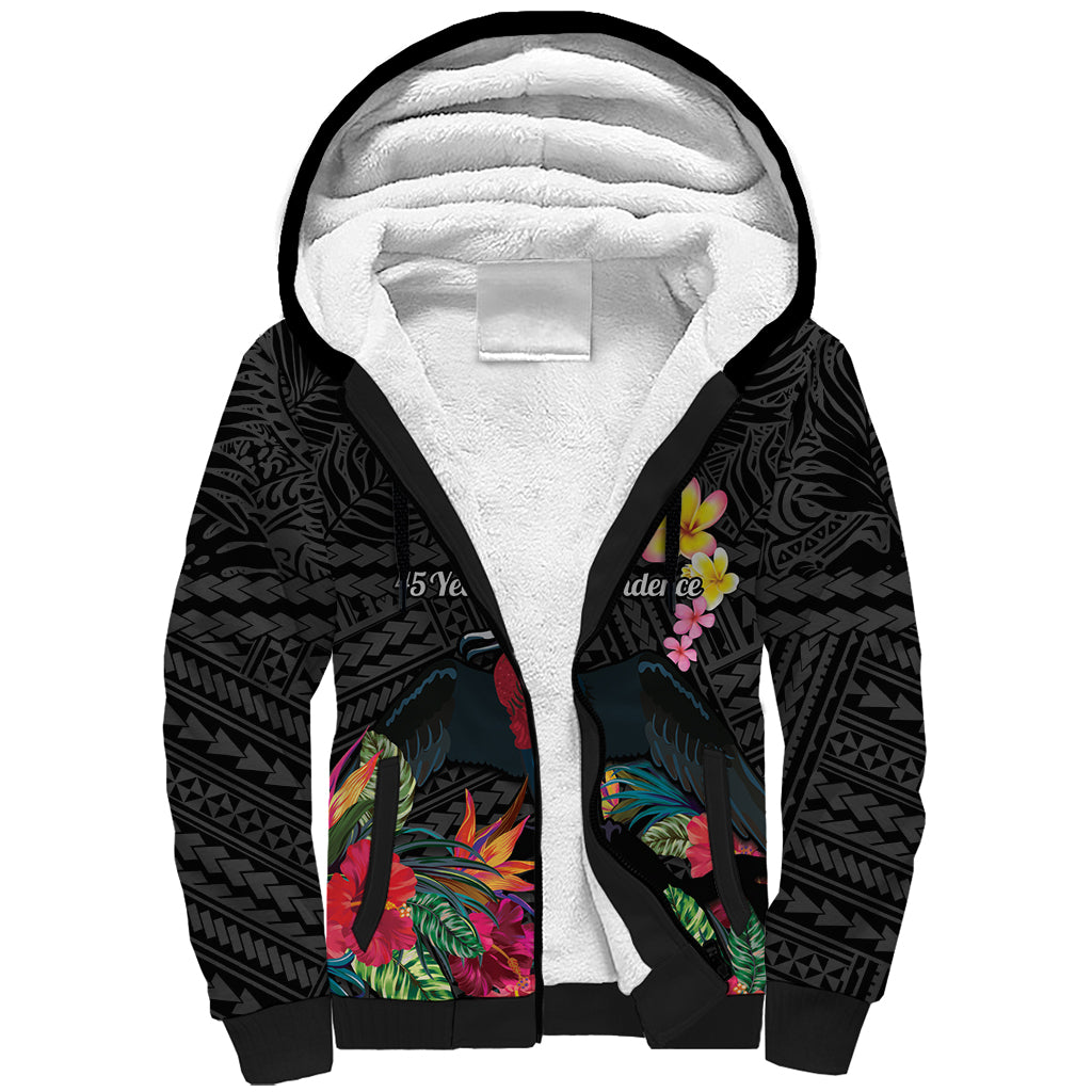 Kiribati Independence Day Sherpa Hoodie Frigatebird Mix Tropical Flowers - Black Style