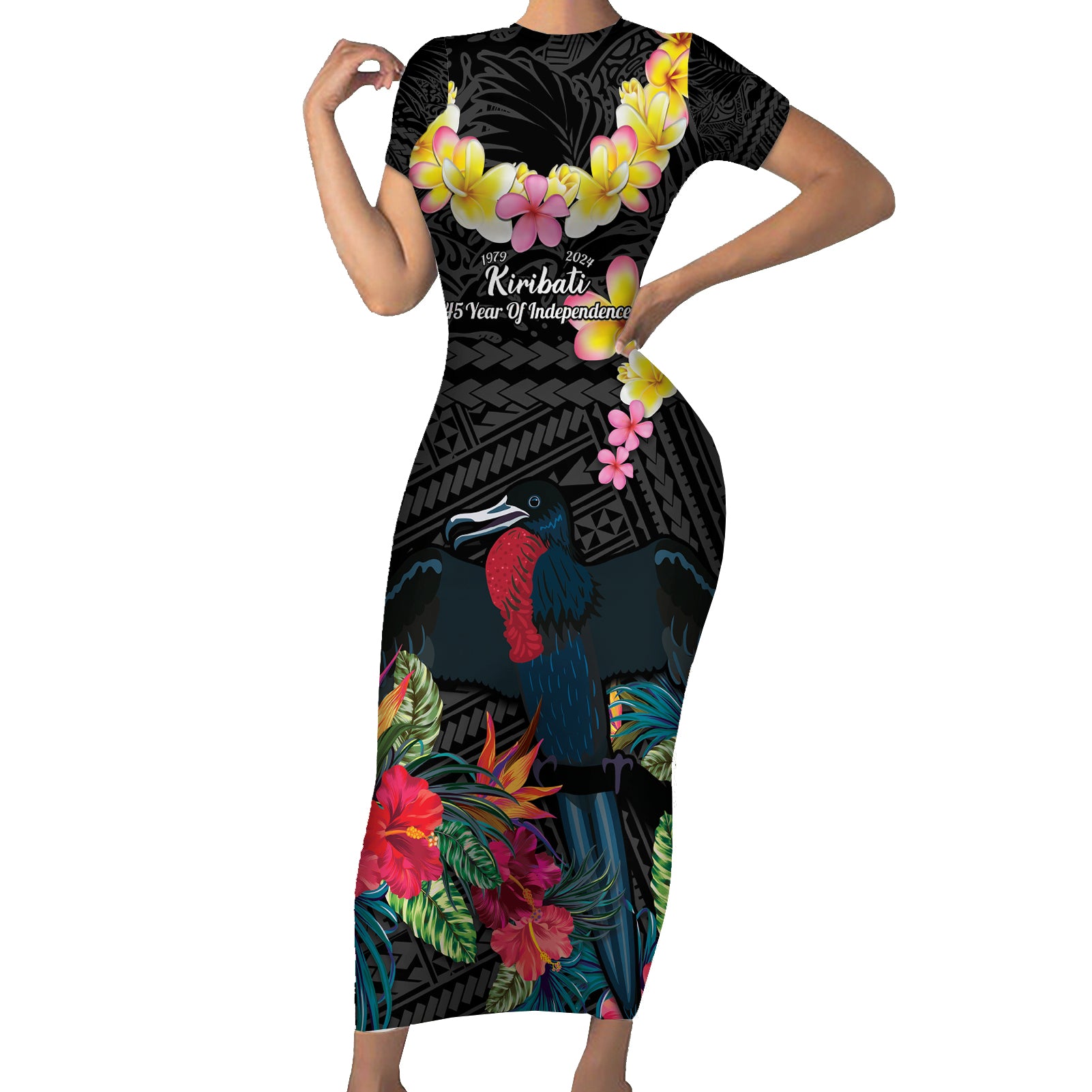 Kiribati Independence Day Short Sleeve Bodycon Dress Frigatebird Mix Tropical Flowers - Black Style