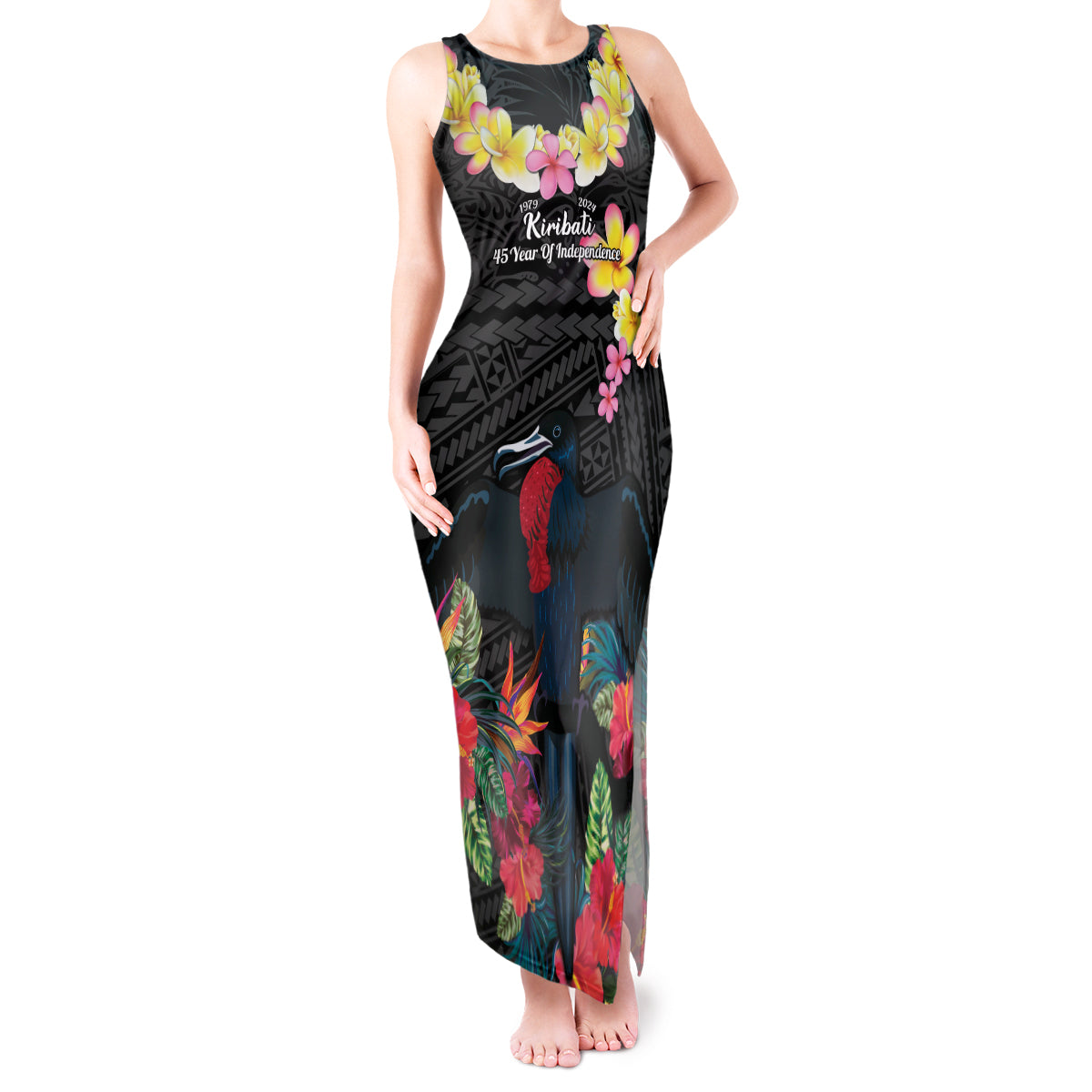 Kiribati Independence Day Tank Maxi Dress Frigatebird Mix Tropical Flowers - Black Style