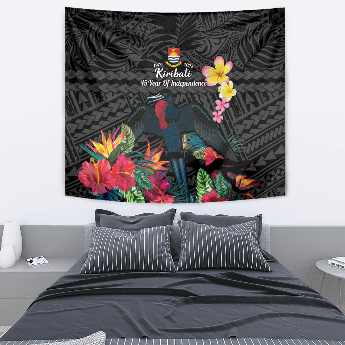 Kiribati Independence Day Tapestry Frigatebird Mix Tropical Flowers - Black Style