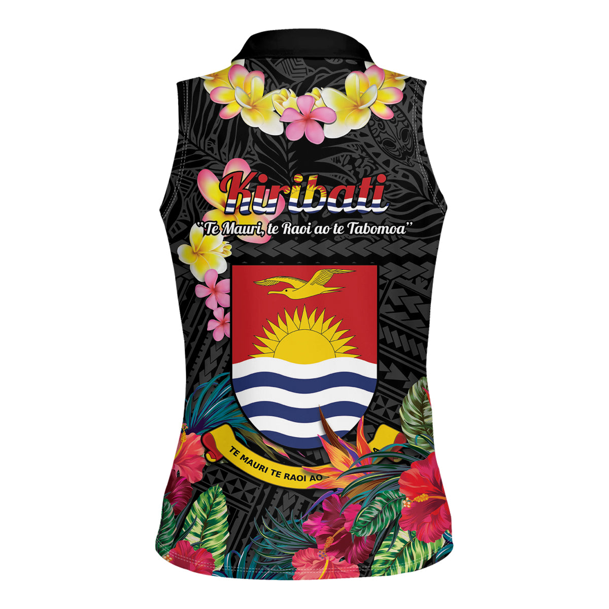 Kiribati Independence Day Women Sleeveless Polo Shirt Frigatebird Mix Tropical Flowers - Black Style