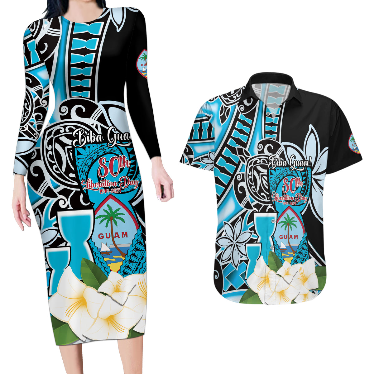 Personalised Guam Liberation Day Couples Matching Long Sleeve Bodycon Dress and Hawaiian Shirt 80th Anniversary Chamorro Latte Stone With Guasali Flowers LT14 Blue - Polynesian Pride
