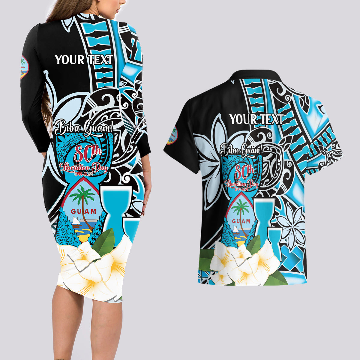 Personalised Guam Liberation Day Couples Matching Long Sleeve Bodycon Dress and Hawaiian Shirt 80th Anniversary Chamorro Latte Stone With Guasali Flowers LT14 - Polynesian Pride