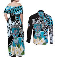 Personalised Guam Liberation Day Couples Matching Off Shoulder Maxi Dress and Long Sleeve Button Shirt Chamorro Latte Stone With Guasali Flowers